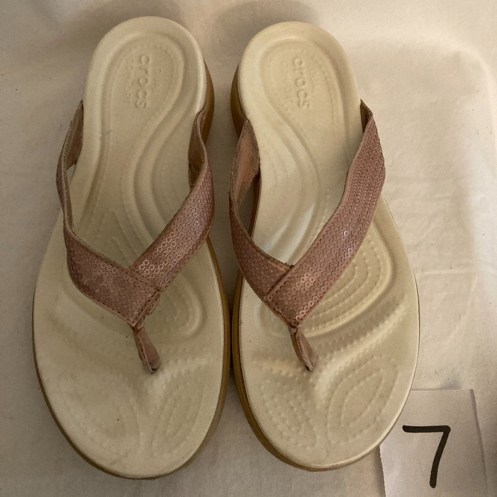 Crocs Pink Sequin Flip Flop Sandals 7